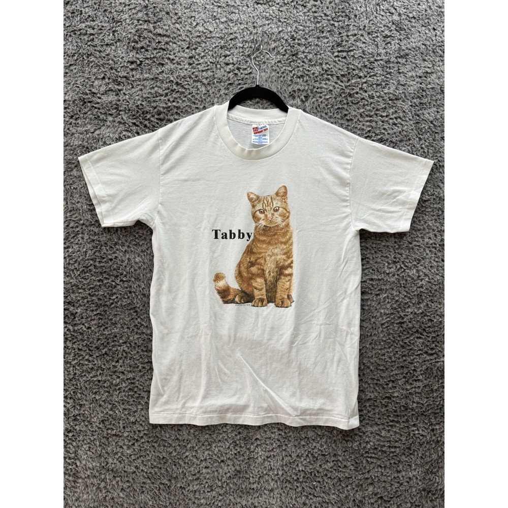 Vintage Tabby Cat Shirt White M Hanes 50/50 Tag 90's